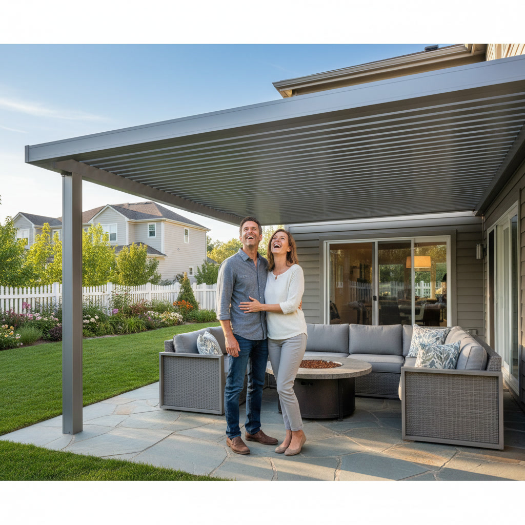 Retractable awning providing shade over patio furniture in Searcy home