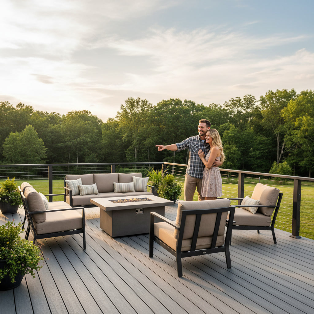 Residential patio awning protecting outdoor furniture in Kensett yard