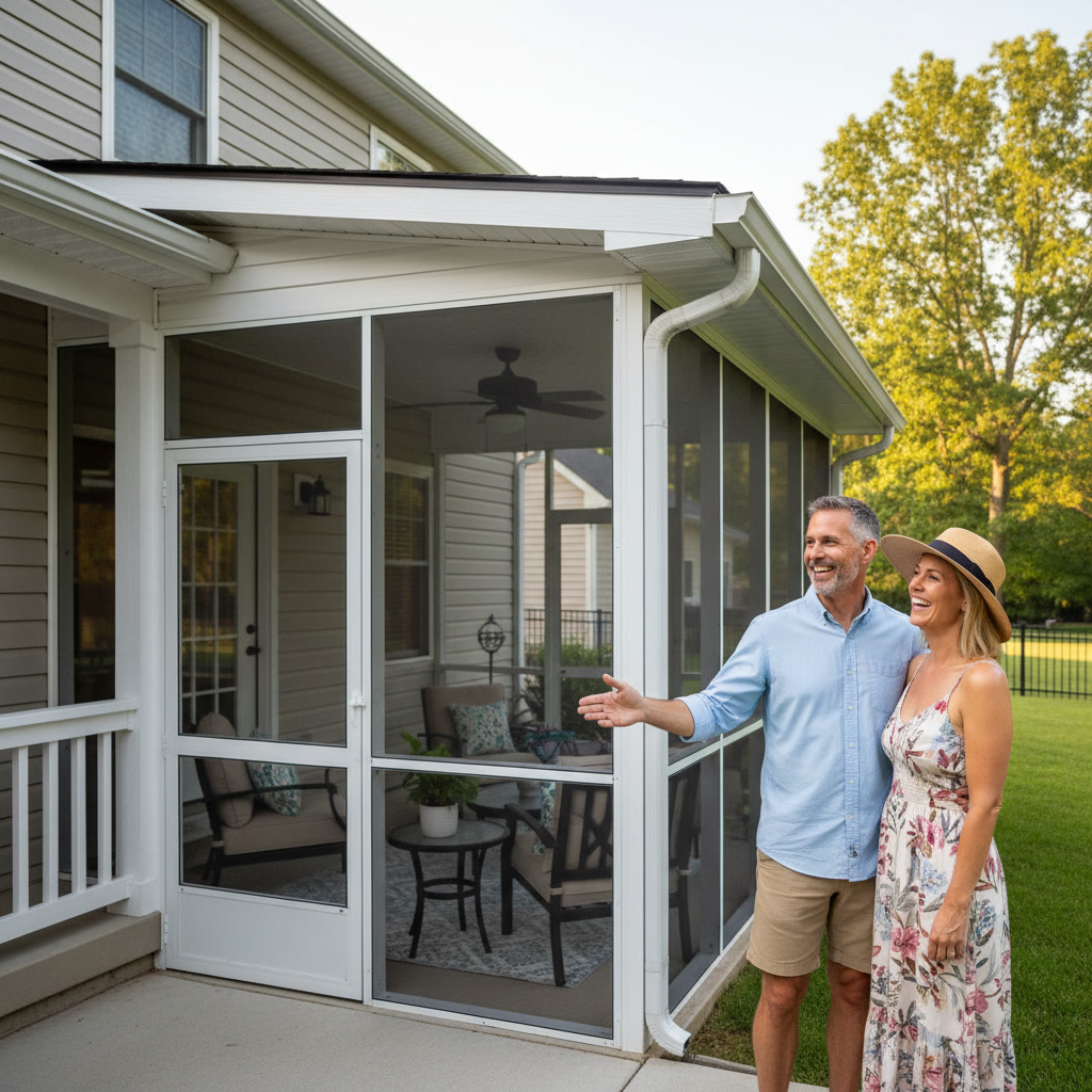 Residential awning installation over front porch in Beebe home