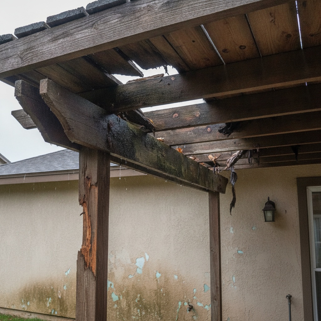 damaged patio cover showing water stains and structural deterioration requiring replacement