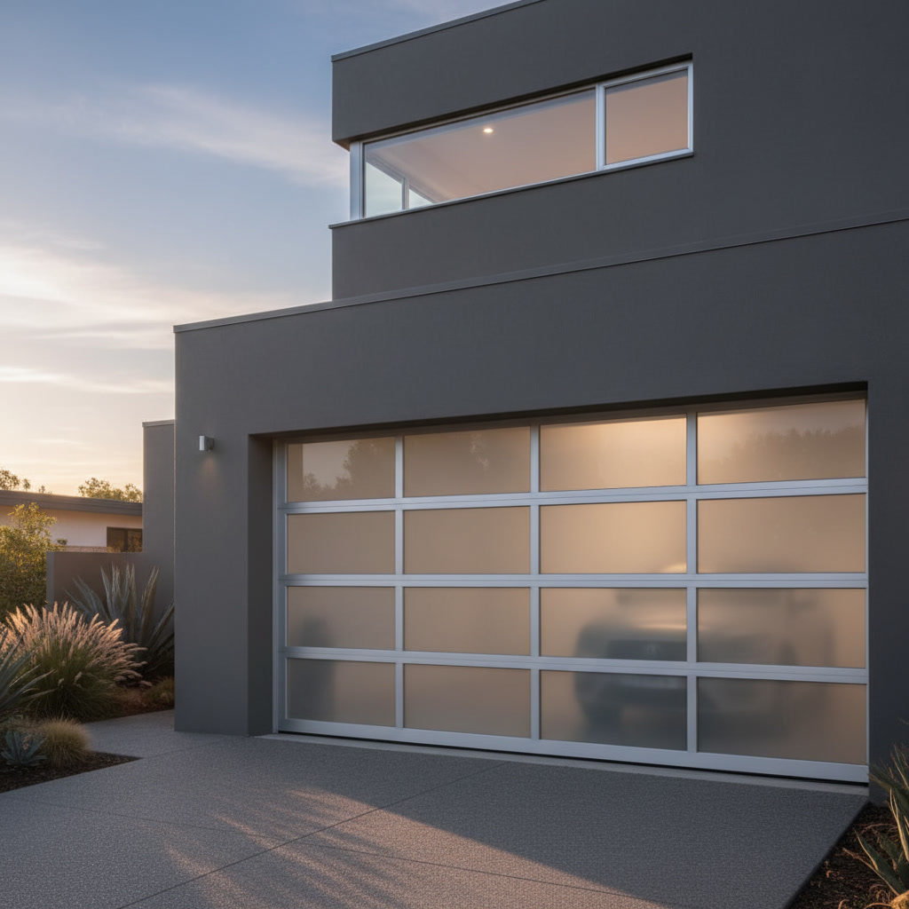 Different types of garage doors showing steel, wood, and aluminum materials