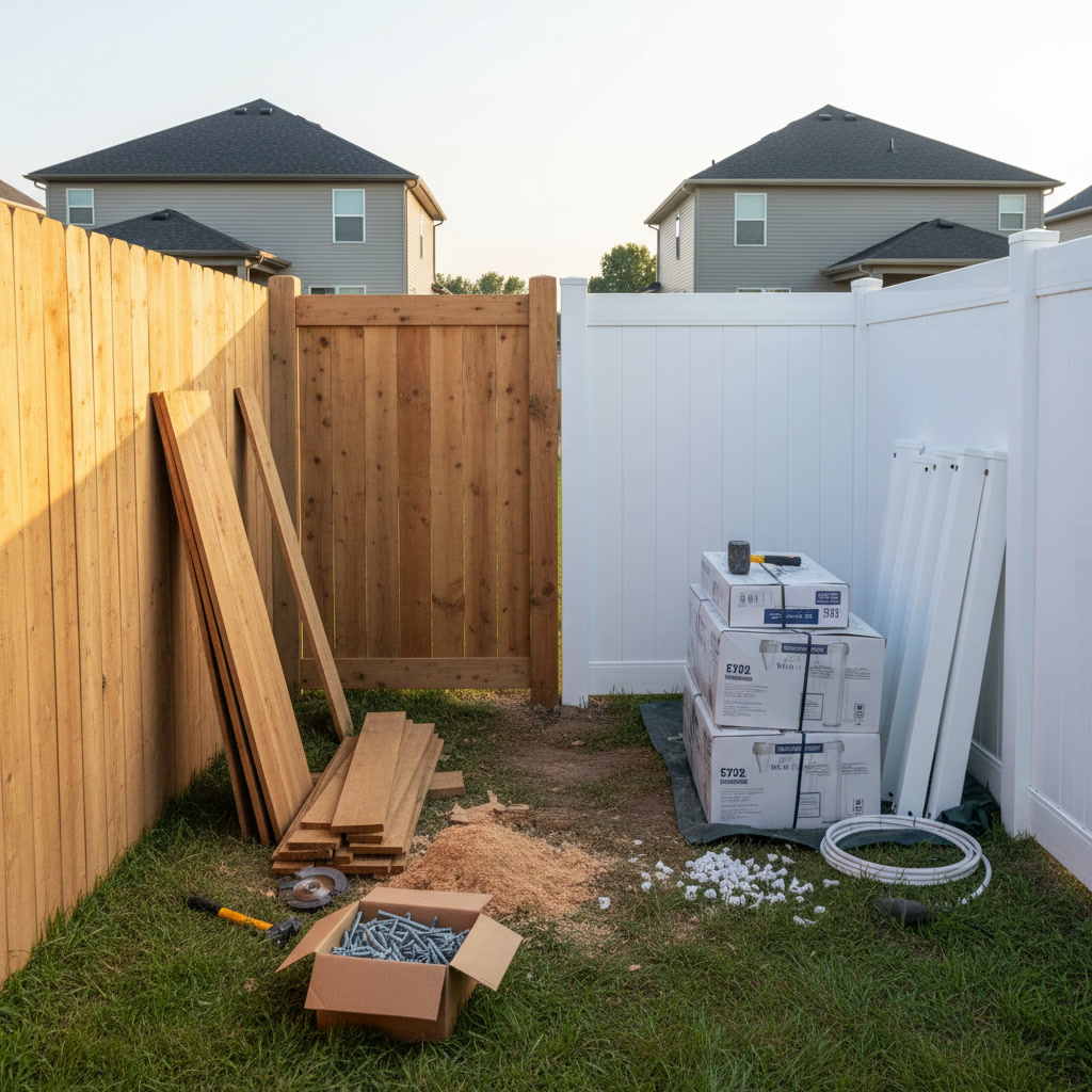 wood fence and vinyl fence comparison in residential backyard