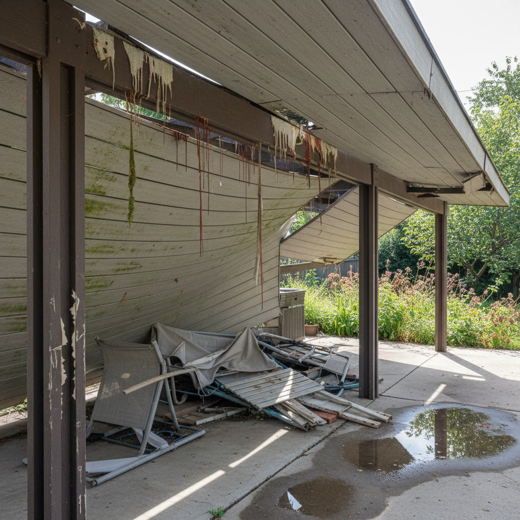 professional contractor inspecting old patio cover to determine replacement needs