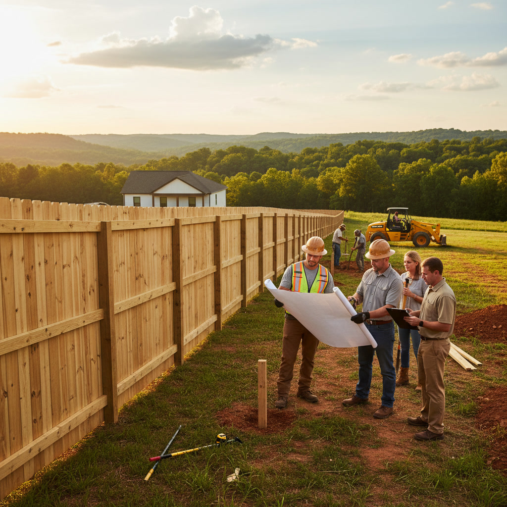 Completed wood privacy fence with gate installation showing quality craftsmanship