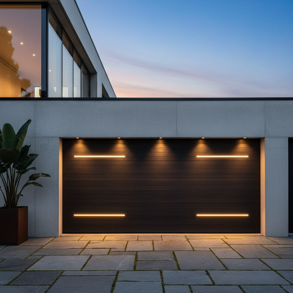 Carriage house style garage door with decorative hardware on residential home