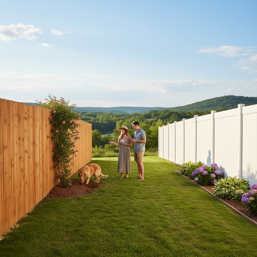 close-up comparison of wood grain texture versus vinyl fence panels