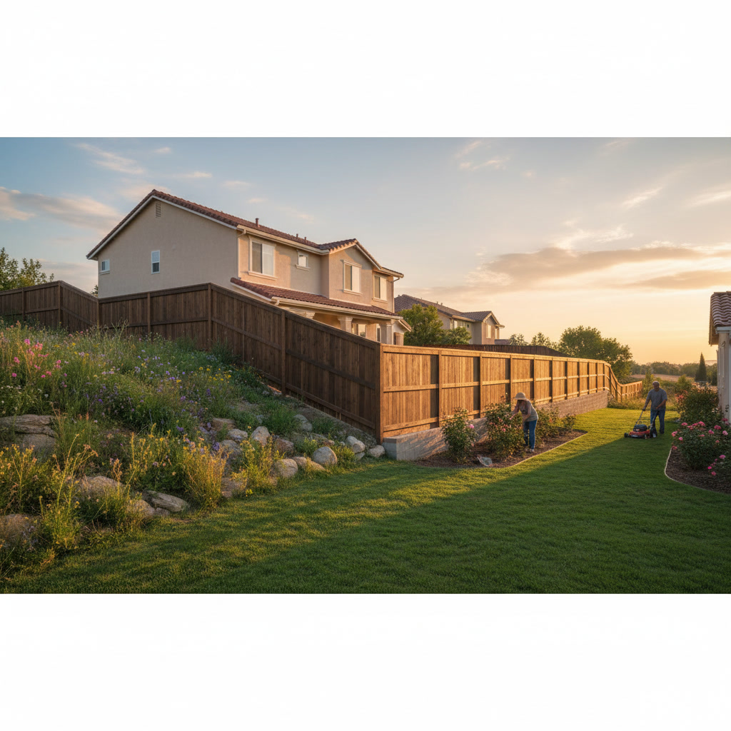 Eight foot tall privacy fence on sloped terrain with stepped panels