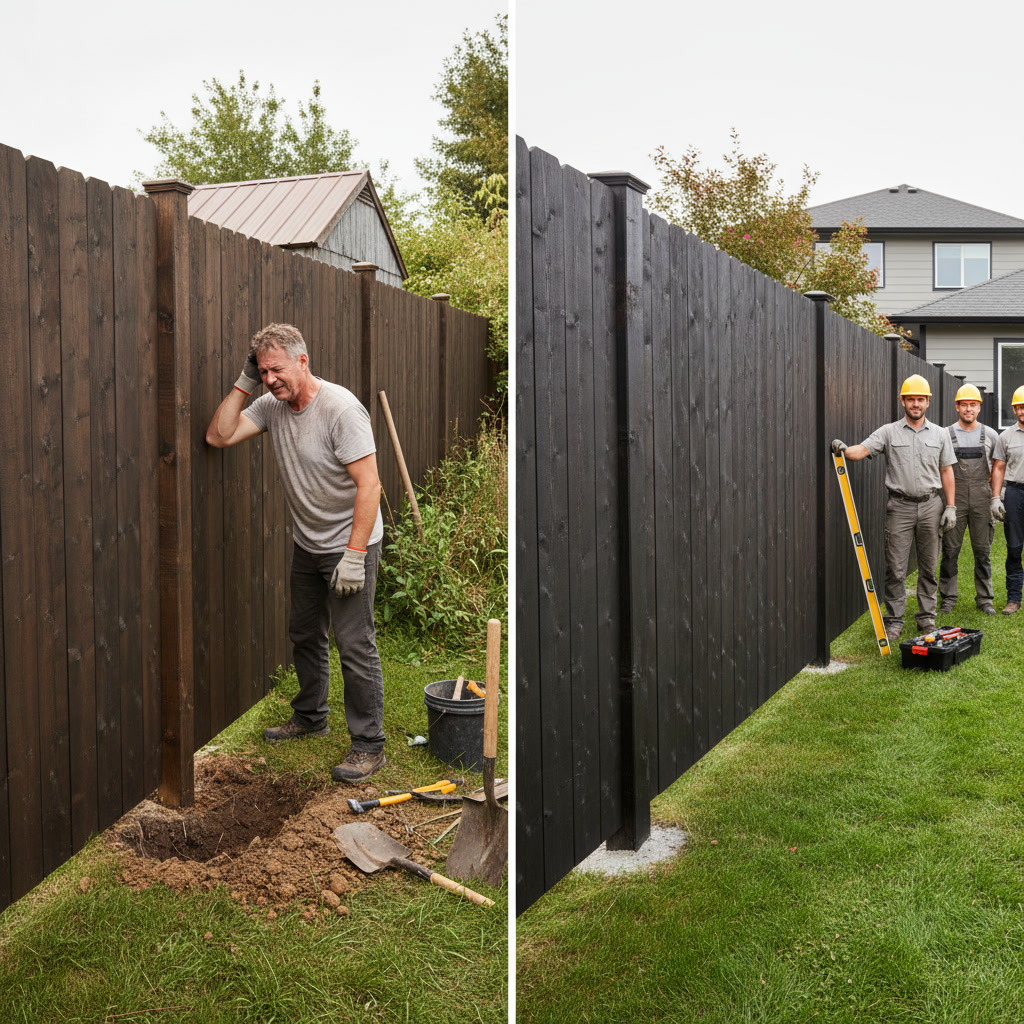 Professional fence installers setting posts and ensuring level installation in Arkansas