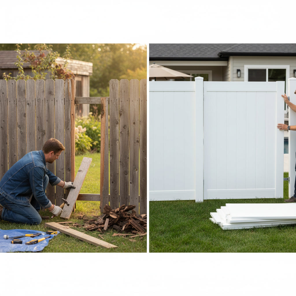 privacy fence installation showing post setting and panel attachment