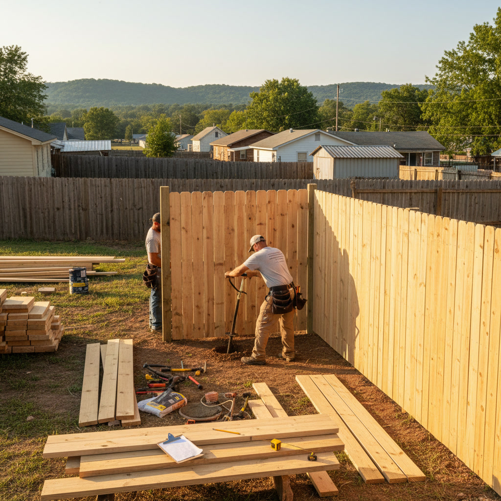Privacy fence installation in Arkansas residential backyard showing quality wood panels