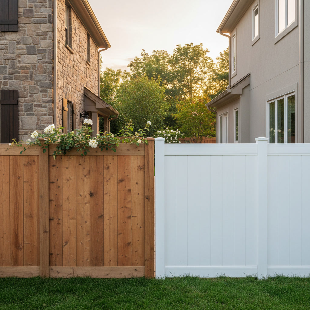 modern privacy fence installation showing wood and vinyl fence options