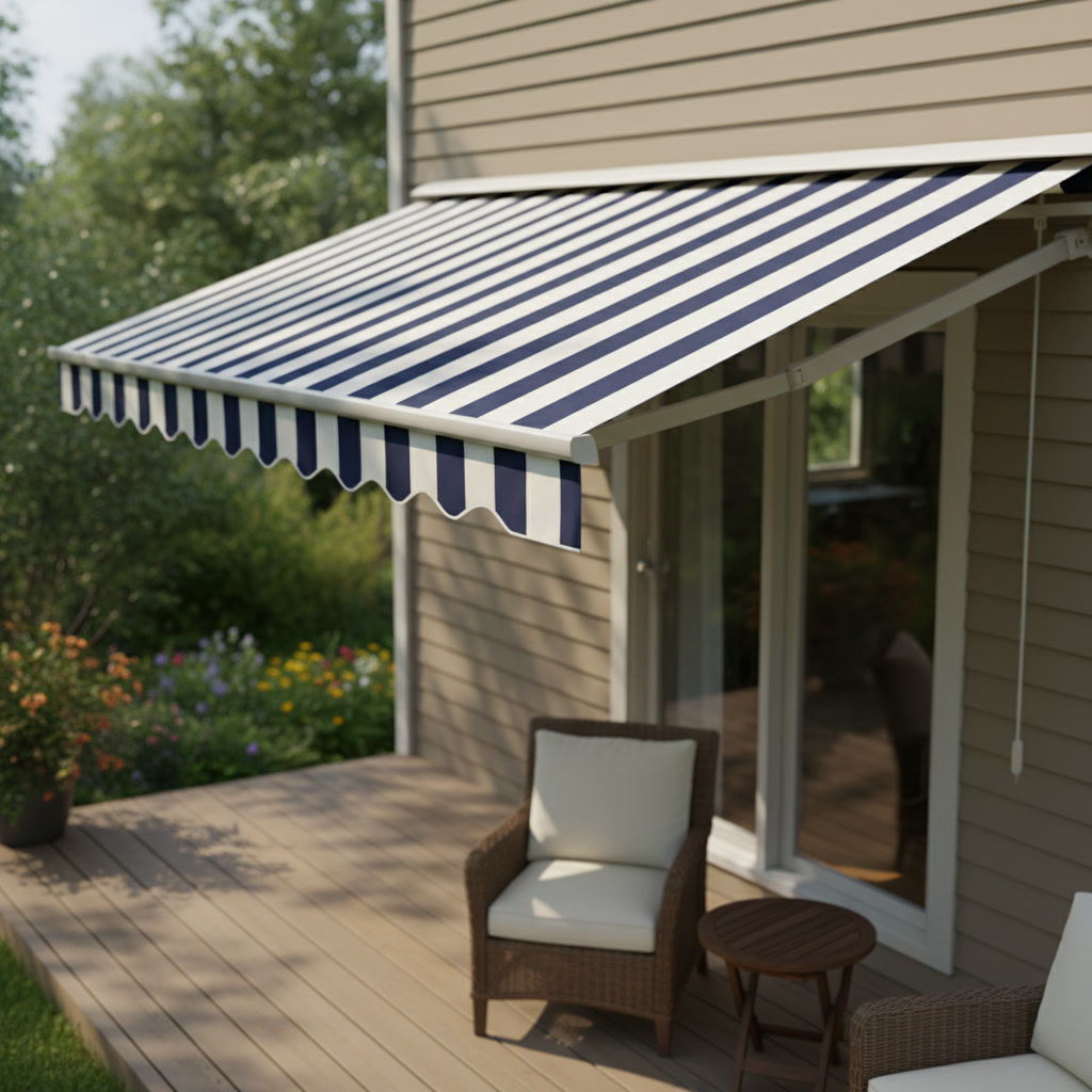 Striped fabric awning installed over patio door casting shade on deck