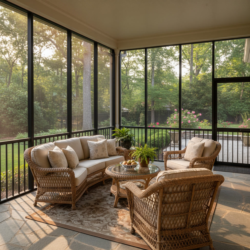 Screen room with mesh walls and wicker furniture in Arkansas backyard