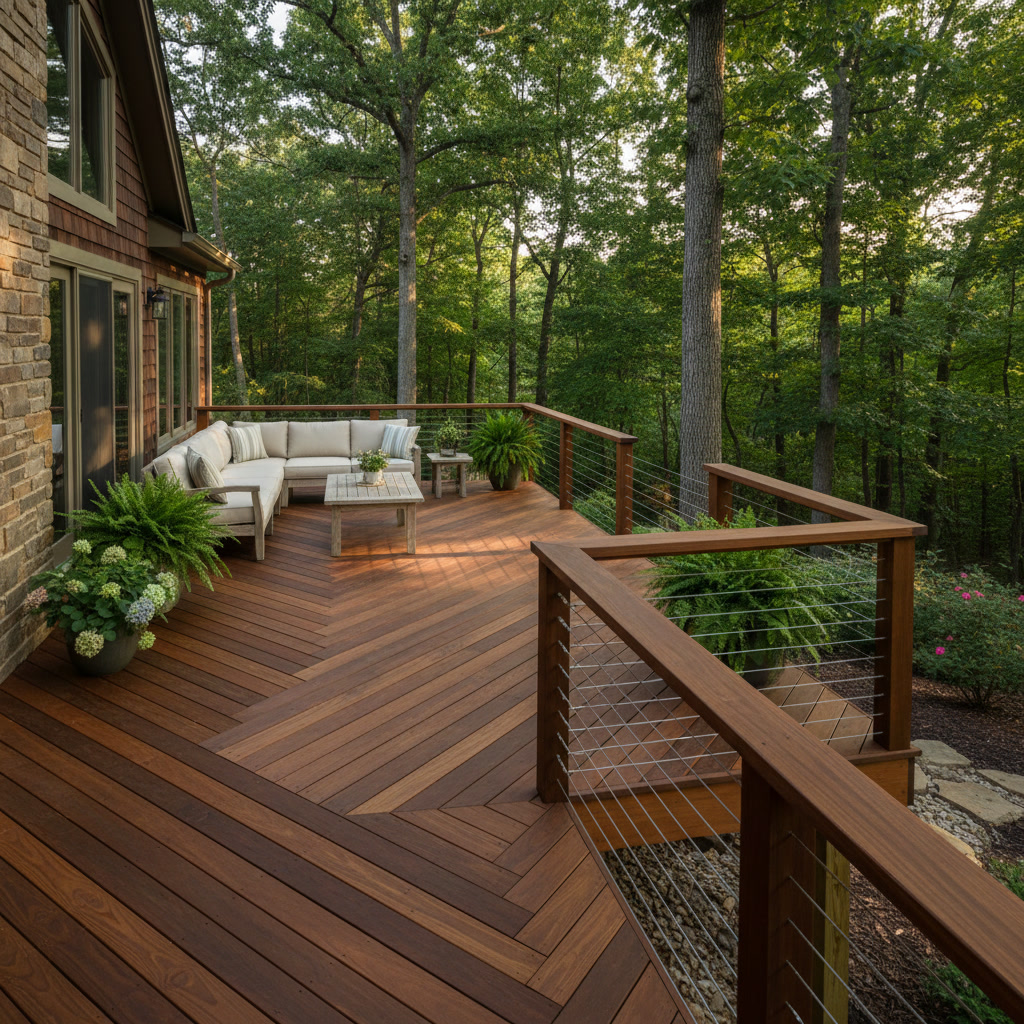 Wooden deck with cable railing and outdoor furniture in Heber Springs backyard