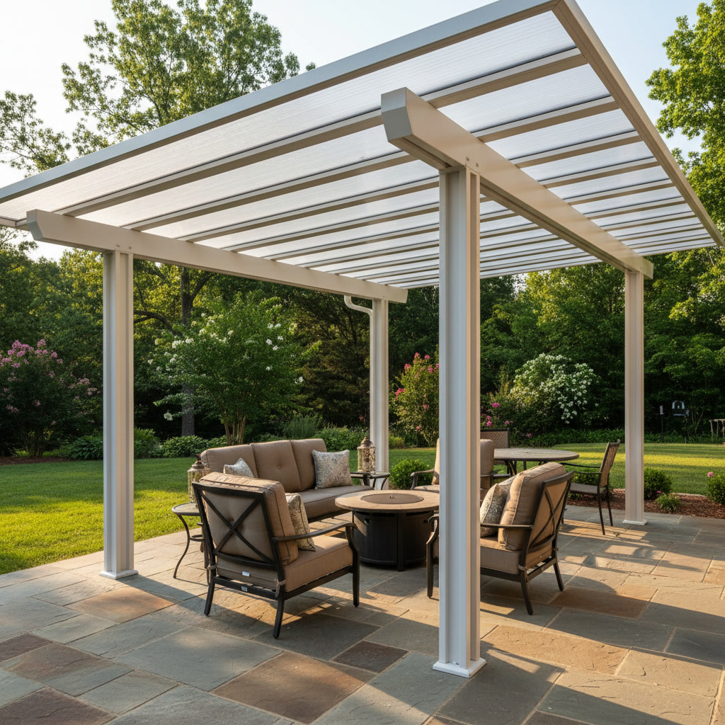 Aluminum patio cover shading outdoor furniture in Heber Springs backyard