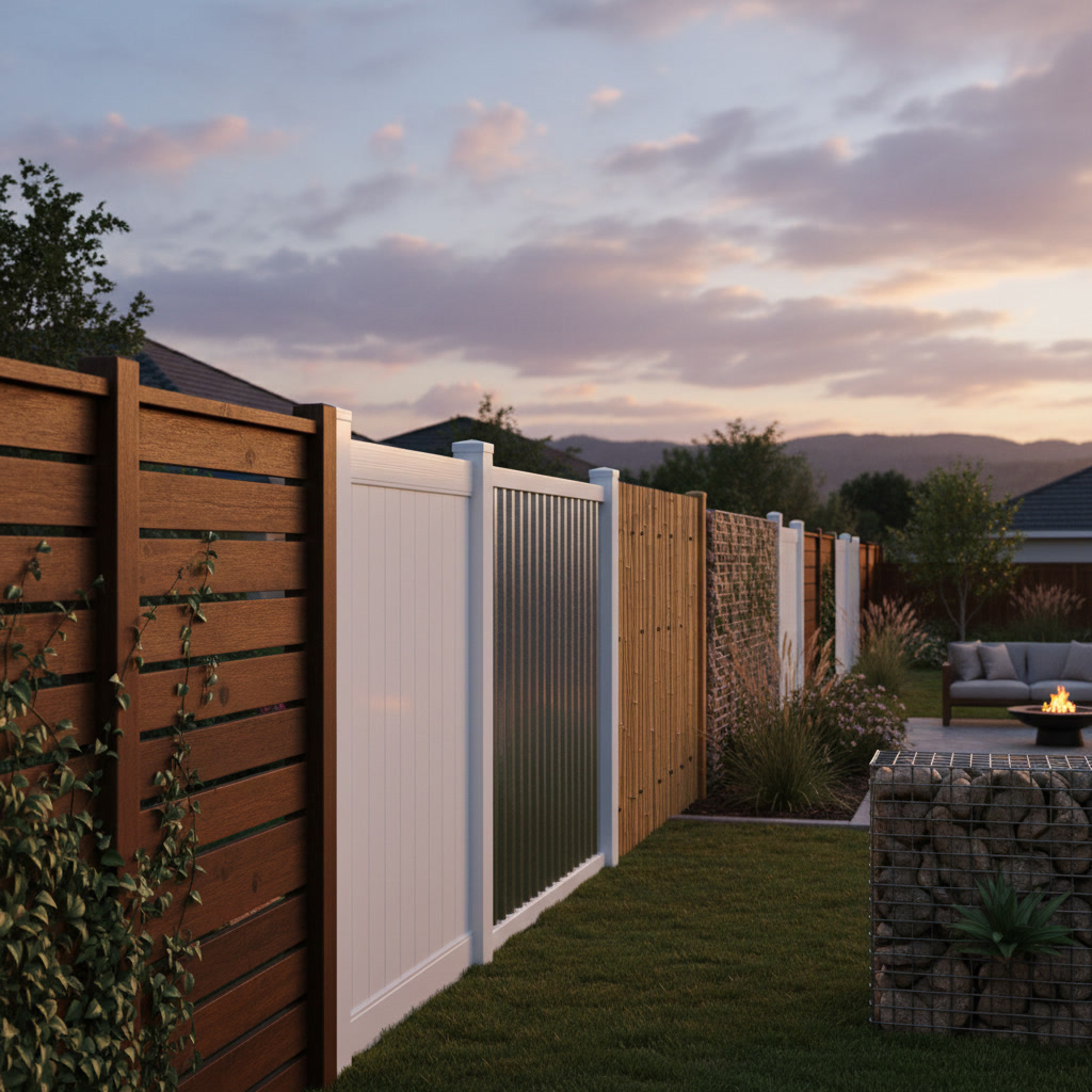 Various privacy fence styles installed in residential backyards showing wood, vinyl, and composite materials