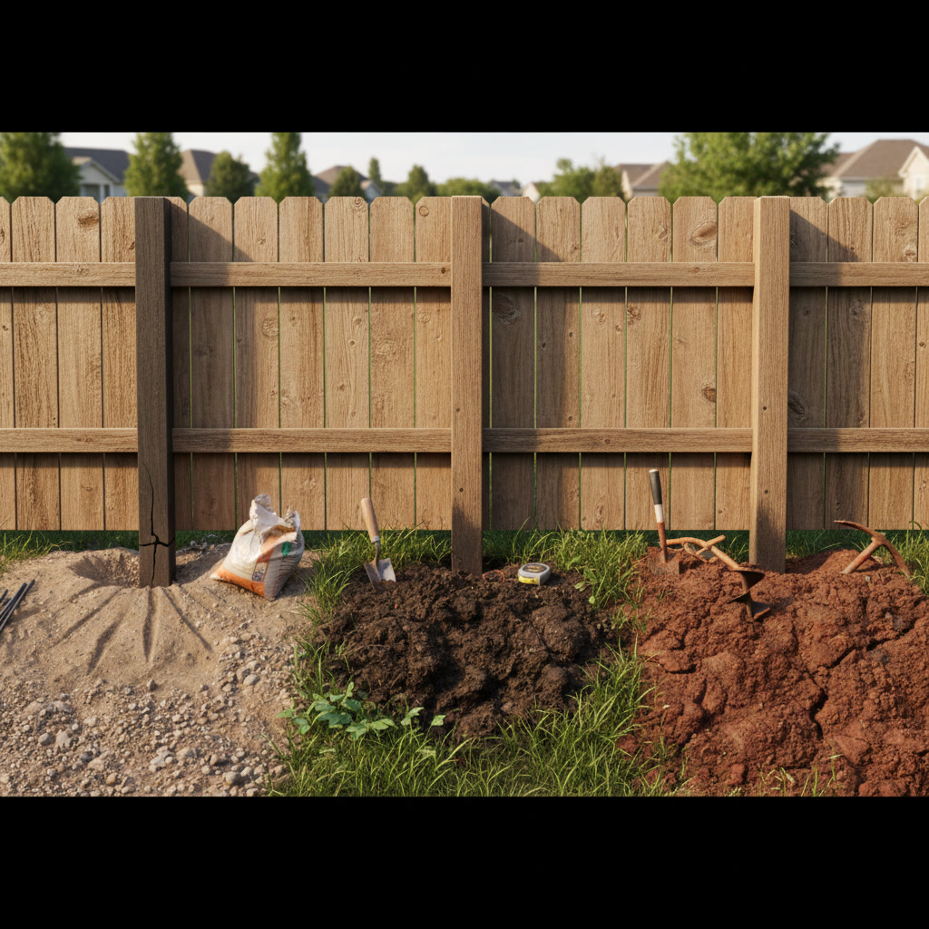 Privacy fence installation showing proper post setting techniques for different soil types