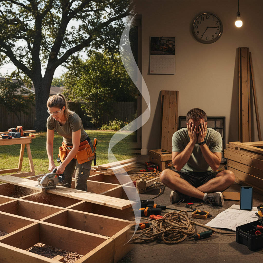 Homeowner planning outdoor remodeling project with tools and materials