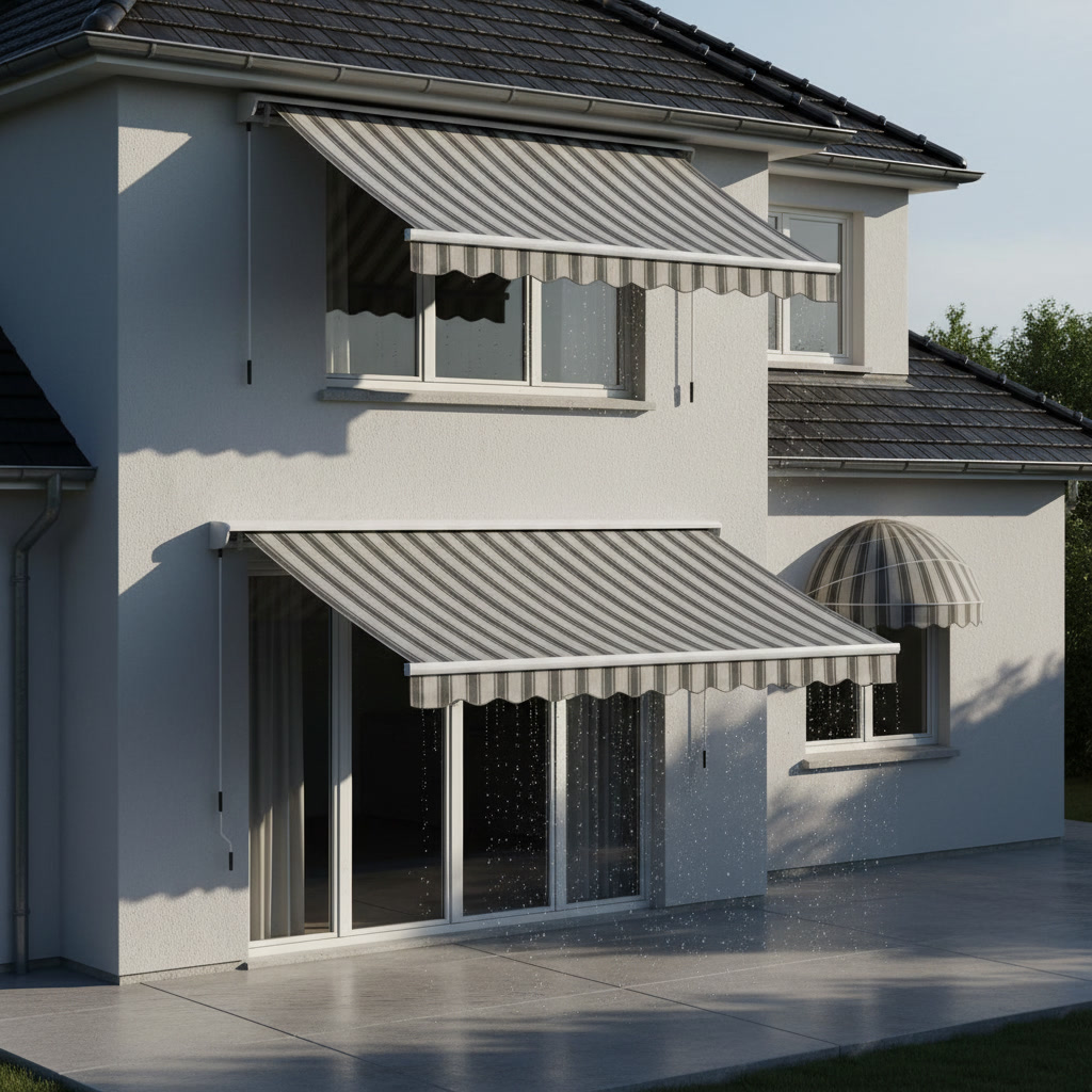 Residential awning mounted over windows blocking direct sunlight and rain