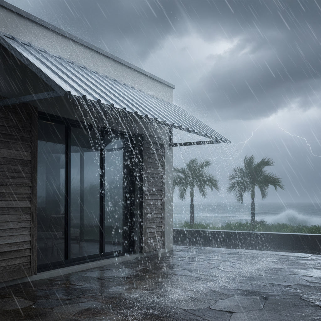 Aluminum awning protecting patio during heavy rain storm