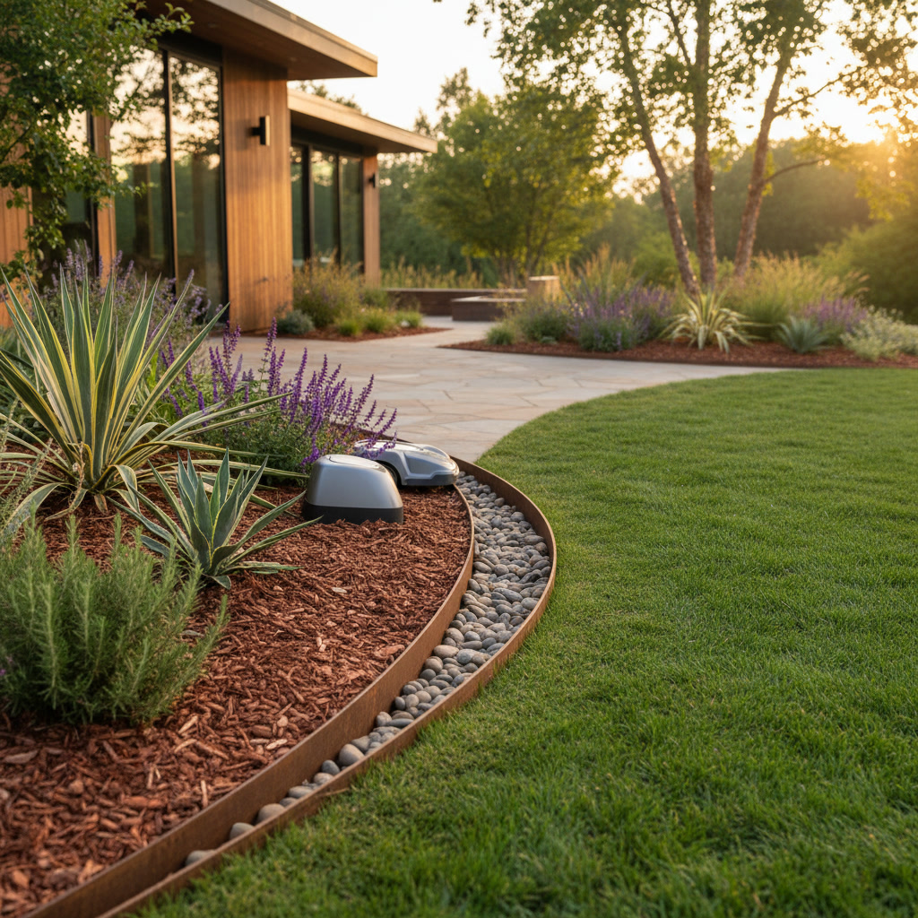 Concrete landscape edging separating green lawn from mulched garden bed with clean defined border