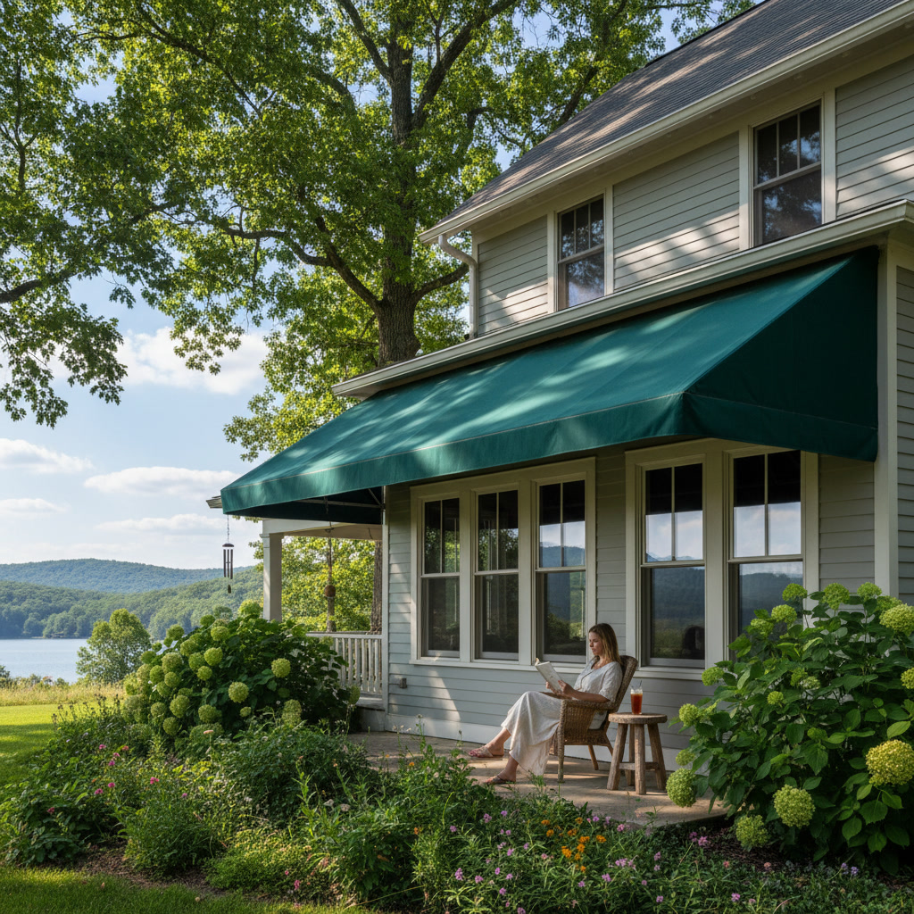 Awning installed over patio doors reducing heat and cooling energy costs