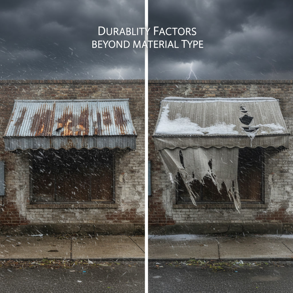 Side by side comparison of aluminum and fabric awning installations