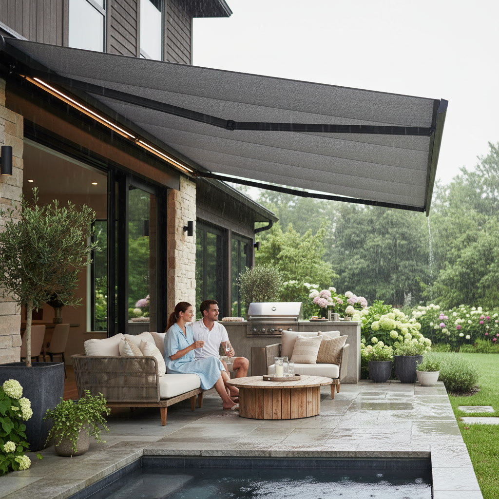 Outdoor patio with awning providing shade and weather protection for furniture
