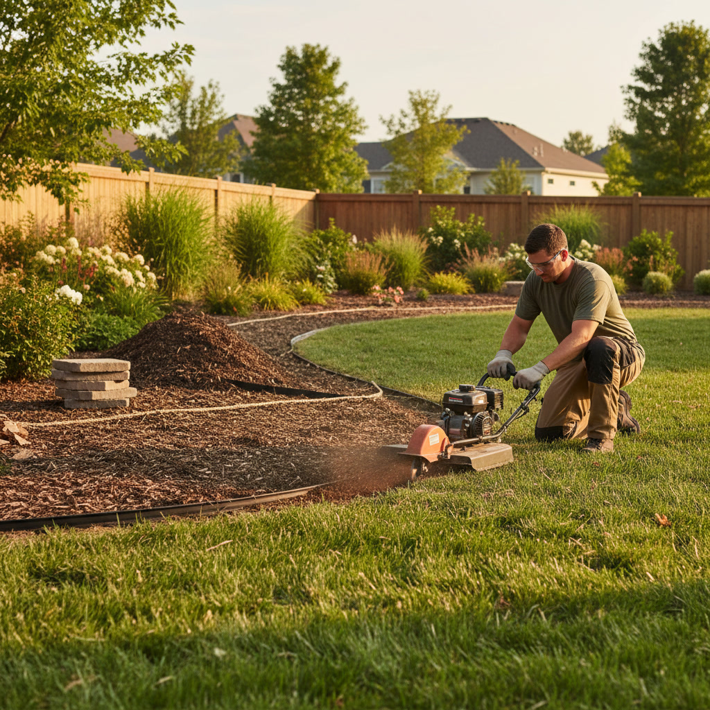 Clean professional landscape edging defining garden bed borders in well-maintained residential yard