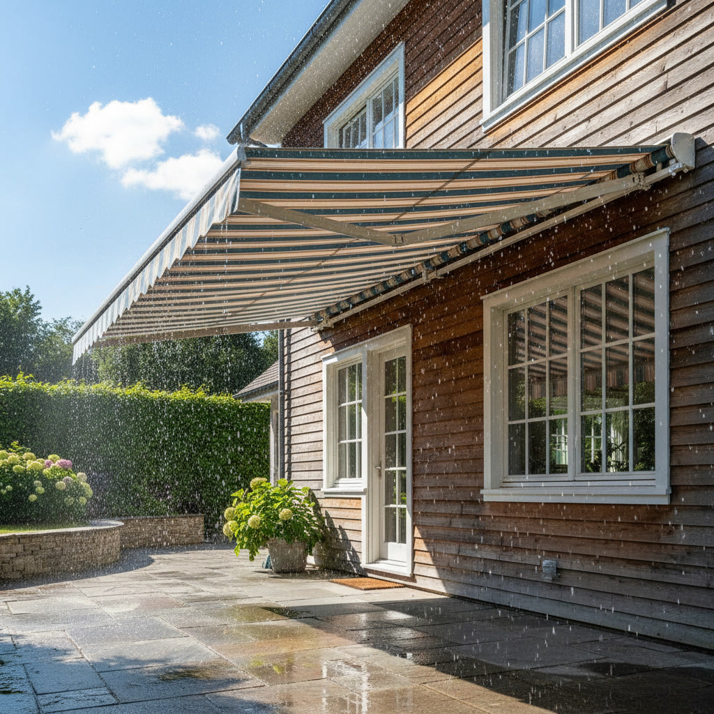 Professional awning installation protecting home exterior from sun and weather